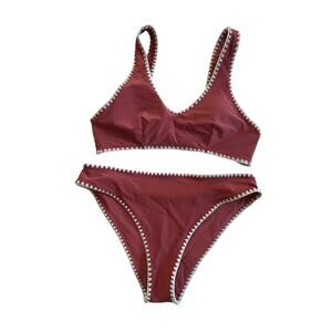 Retro Swim Bikini Set Red White Trim Crochet Edge Two Piece Minimalist M